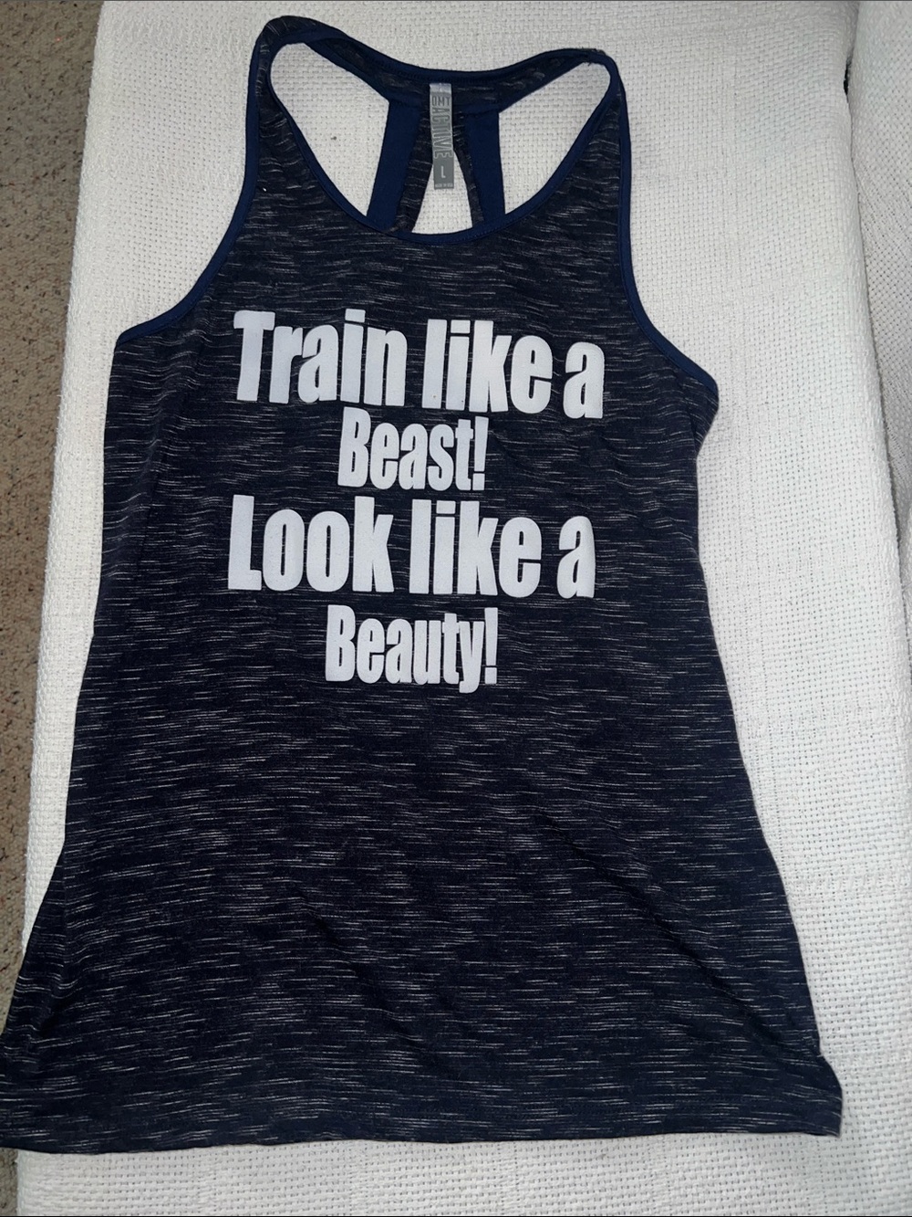 Racerback Workout Tank Top in Navy Space-Dye with White Slogan